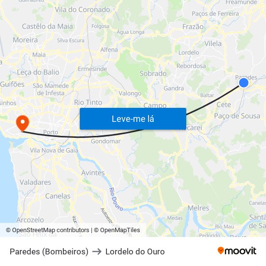 Paredes (Bombeiros) to Lordelo do Ouro map