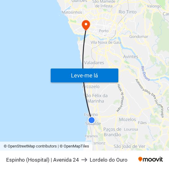 Espinho (Hospital) to Lordelo do Ouro map