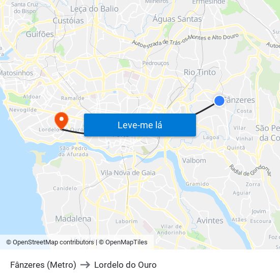 Fânzeres (Metro) to Lordelo do Ouro map