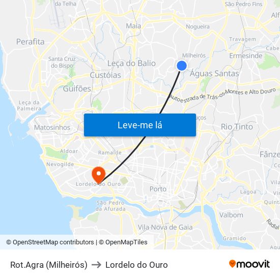 Rot.Agra (Milheirós) to Lordelo do Ouro map