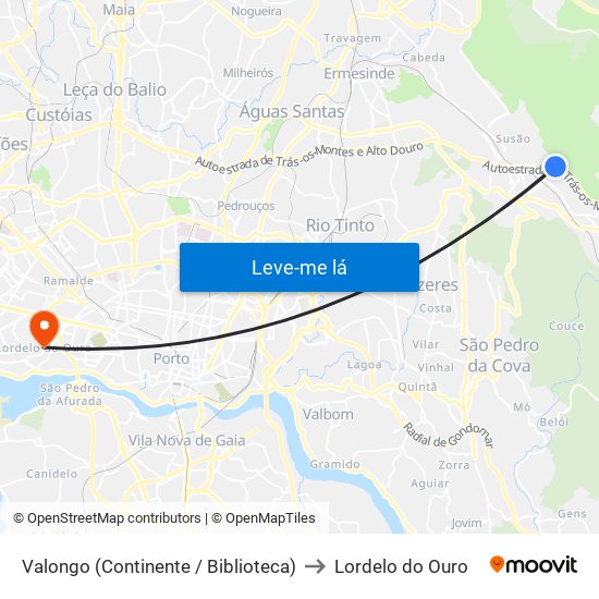 Valongo (Continente / Biblioteca) to Lordelo do Ouro map