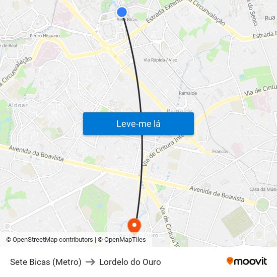 Sete Bicas (Metro) to Lordelo do Ouro map