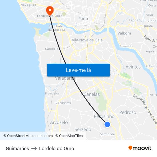 Guimarães to Lordelo do Ouro map