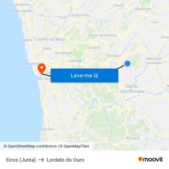 Eiros (Junta) to Lordelo do Ouro map