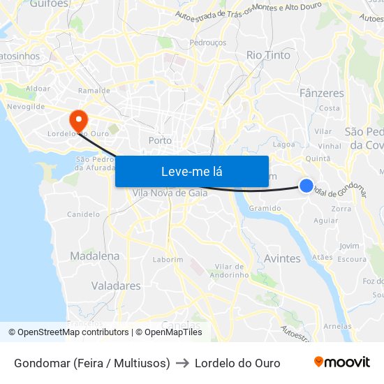 Multiusos de Gondomar to Lordelo do Ouro map