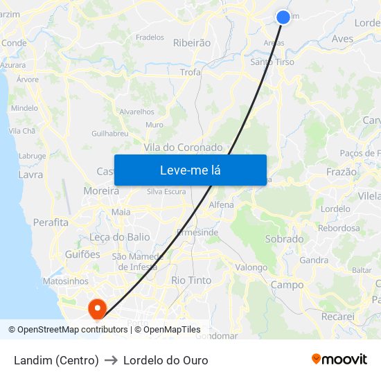 Landim (Centro) to Lordelo do Ouro map