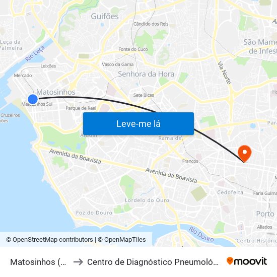 Matosinhos (Praia) to Centro de Diagnóstico Pneumológico (Bcg) map