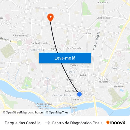 Parque das Camélias (Terminal) to Centro de Diagnóstico Pneumológico (Bcg) map