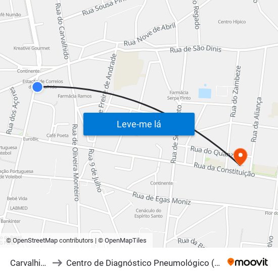 Carvalhido to Centro de Diagnóstico Pneumológico (Bcg) map