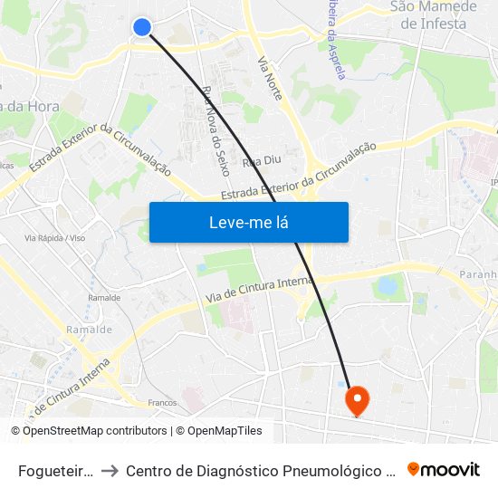 Fogueteiros to Centro de Diagnóstico Pneumológico (Bcg) map