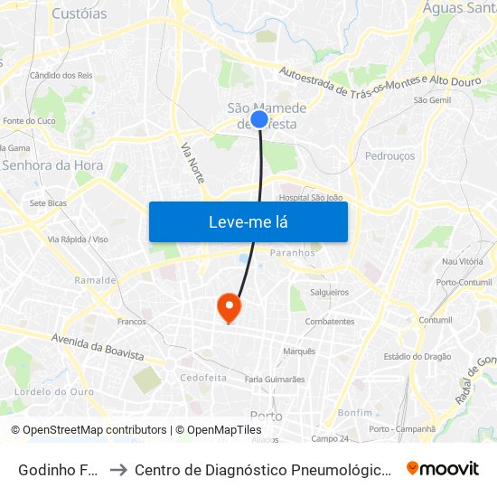 Godinho Faria to Centro de Diagnóstico Pneumológico (Bcg) map