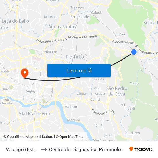 Valongo (Estação) to Centro de Diagnóstico Pneumológico (Bcg) map