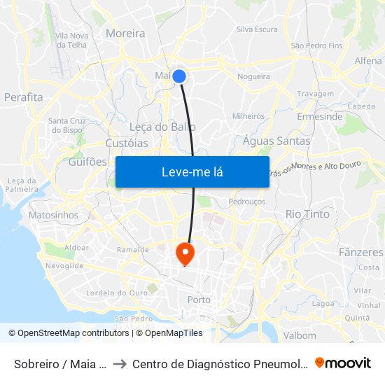 Sobreiro / Maia (Plaza) to Centro de Diagnóstico Pneumológico (Bcg) map