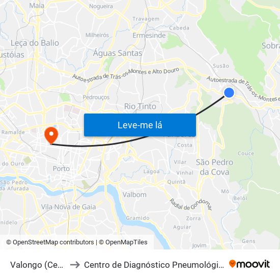 Valongo (Centro) to Centro de Diagnóstico Pneumológico (Bcg) map