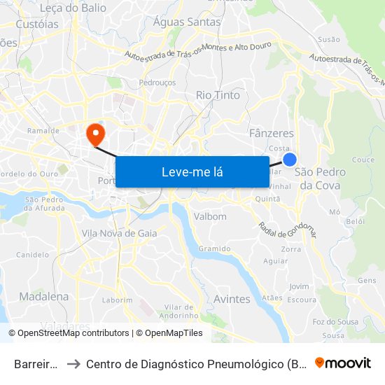 Barreiros to Centro de Diagnóstico Pneumológico (Bcg) map
