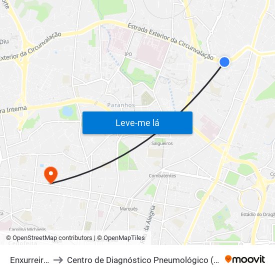 Enxurreiras to Centro de Diagnóstico Pneumológico (Bcg) map