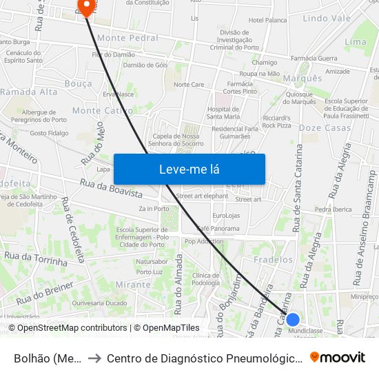 Bolhão (Metro) to Centro de Diagnóstico Pneumológico (Bcg) map