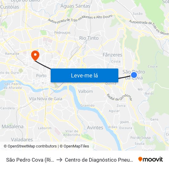 São Pedro Cova (Rio Ferreira) to Centro de Diagnóstico Pneumológico (Bcg) map