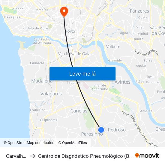 Carvalhos to Centro de Diagnóstico Pneumológico (Bcg) map