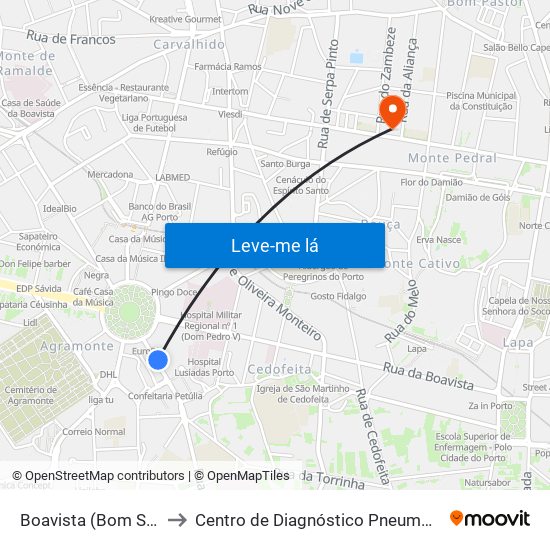 Boavista (Bom Sucesso) to Centro de Diagnóstico Pneumológico (Bcg) map