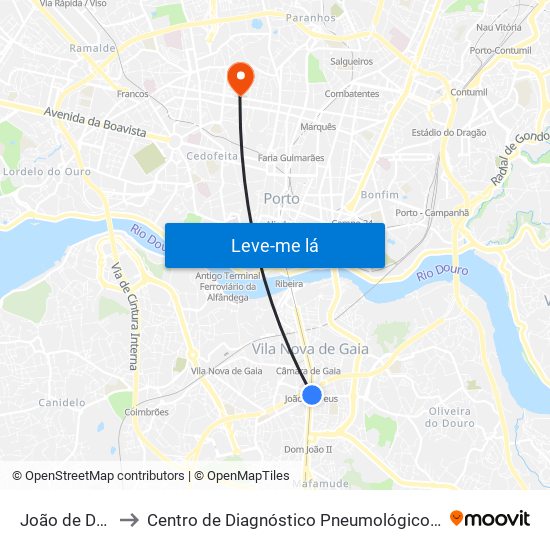 João de Deus to Centro de Diagnóstico Pneumológico (Bcg) map
