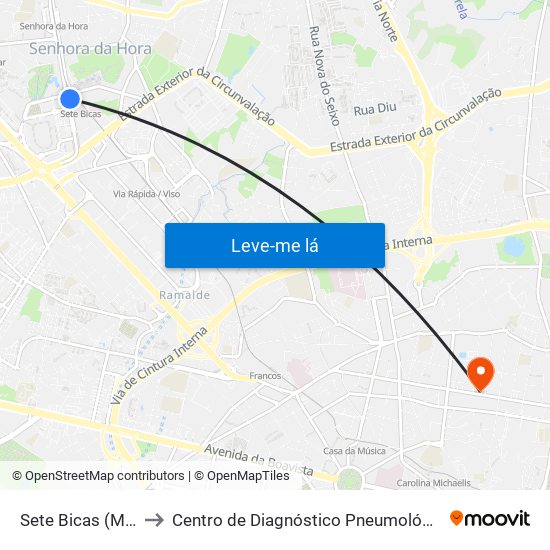 Sete Bicas (Metro) to Centro de Diagnóstico Pneumológico (Bcg) map
