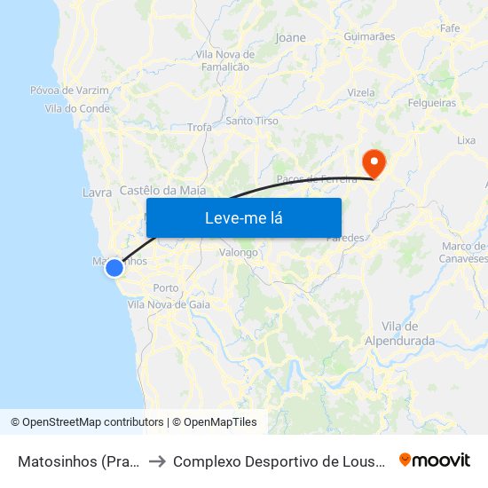 Matosinhos (Praia) to Complexo Desportivo de Lousada map