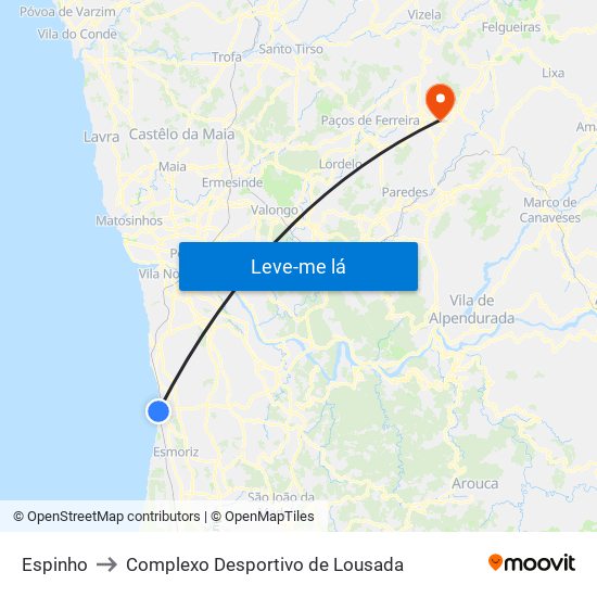 Espinho to Complexo Desportivo de Lousada map