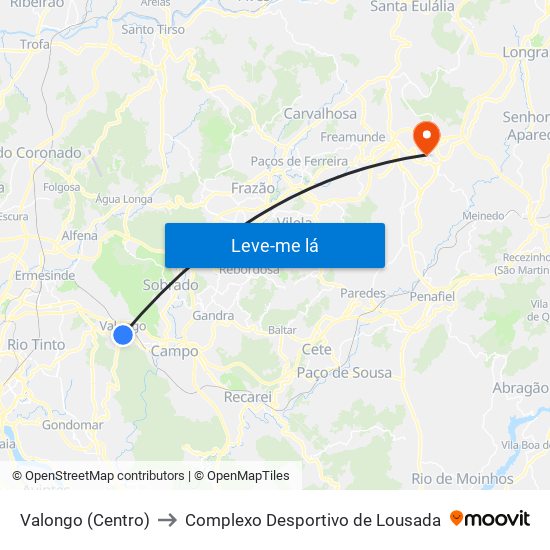 Valongo (Centro) to Complexo Desportivo de Lousada map