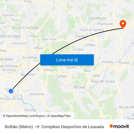 Bolhão (Metro) to Complexo Desportivo de Lousada map