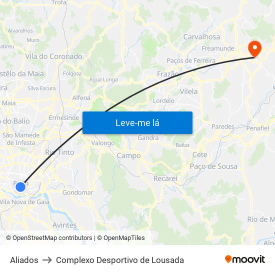 Aliados to Complexo Desportivo de Lousada map