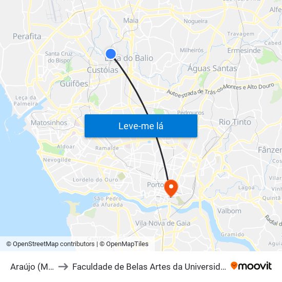 Araújo (Metro) to Faculdade de Belas Artes da Universidade do Porto map