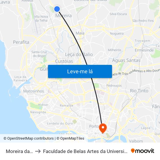 Moreira da Maia to Faculdade de Belas Artes da Universidade do Porto map