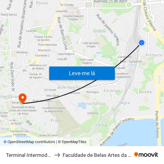 Terminal Intermodal de Campanhã to Faculdade de Belas Artes da Universidade do Porto map