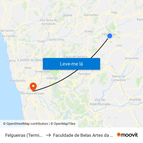 Felgueiras (Terminal Rodoviário) to Faculdade de Belas Artes da Universidade do Porto map