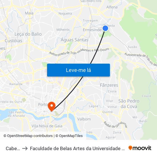 Cabeda to Faculdade de Belas Artes da Universidade do Porto map