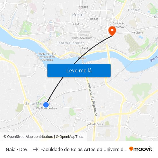 Gaia - Devesas to Faculdade de Belas Artes da Universidade do Porto map