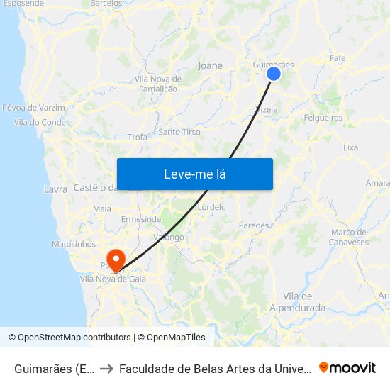 Guimarães (Estação) to Faculdade de Belas Artes da Universidade do Porto map