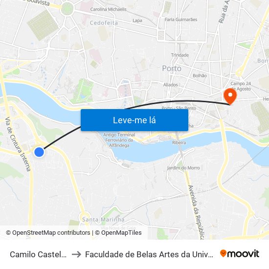 Camilo Castelo Branco to Faculdade de Belas Artes da Universidade do Porto map