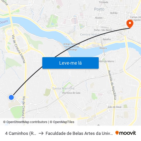 4 Caminhos (R. Bélgica) to Faculdade de Belas Artes da Universidade do Porto map