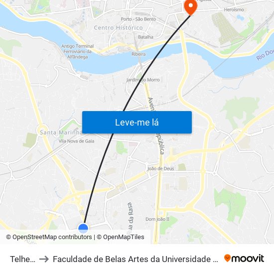 Telheira to Faculdade de Belas Artes da Universidade do Porto map