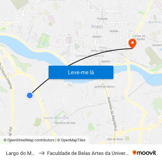 Largo do Montinho to Faculdade de Belas Artes da Universidade do Porto map