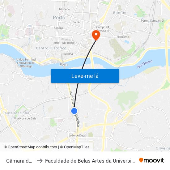 Câmara de Gaia to Faculdade de Belas Artes da Universidade do Porto map