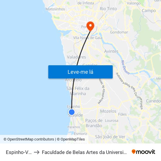 Espinho-Vouga to Faculdade de Belas Artes da Universidade do Porto map