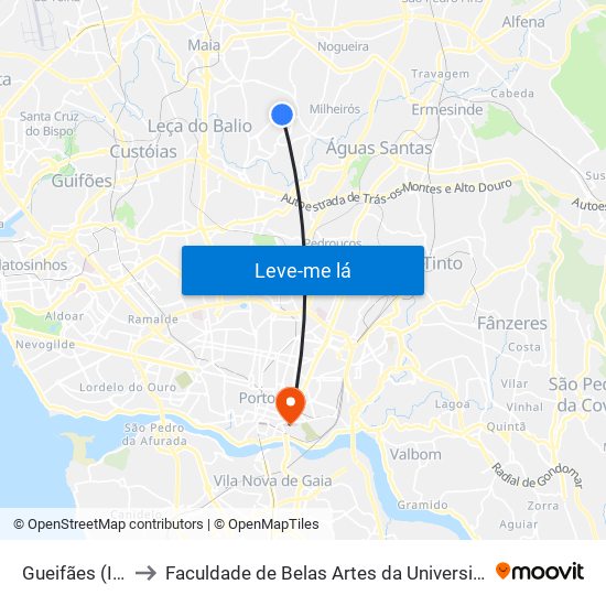 Gueifães (Igreja) to Faculdade de Belas Artes da Universidade do Porto map