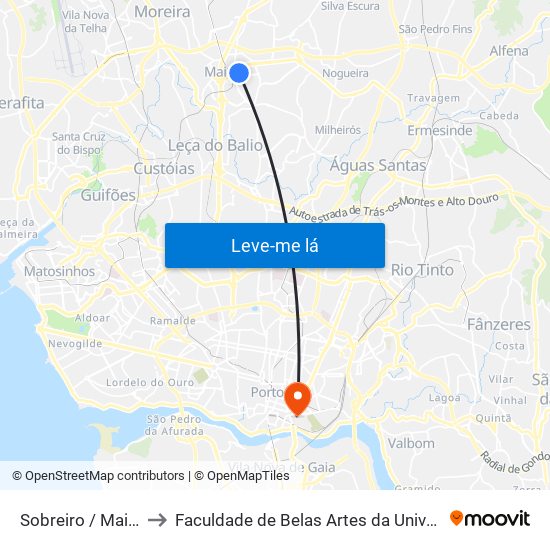 Sobreiro / Maia (Plaza) to Faculdade de Belas Artes da Universidade do Porto map