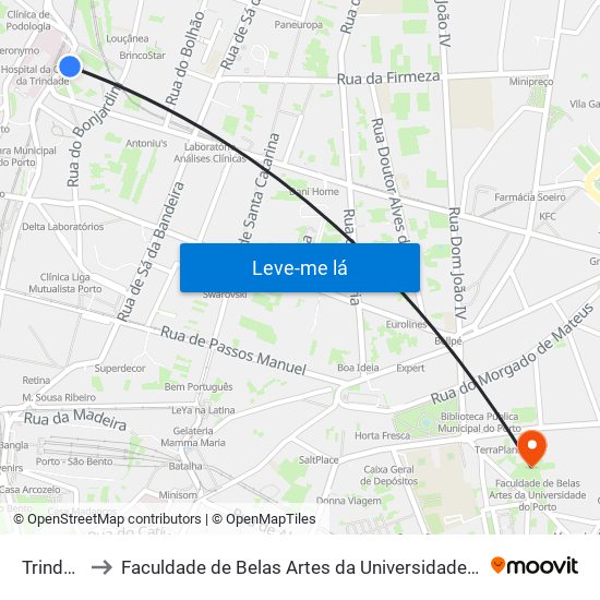 Trindade to Faculdade de Belas Artes da Universidade do Porto map