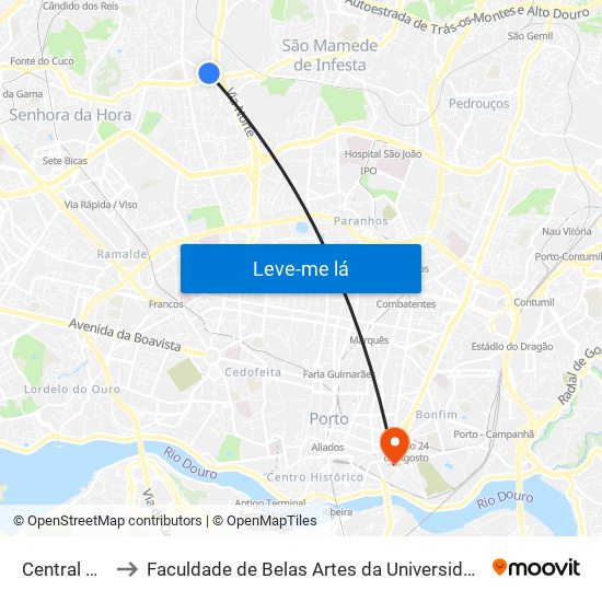 Central Seixo to Faculdade de Belas Artes da Universidade do Porto map