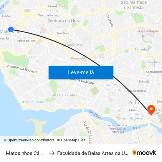 Matosinhos Câmara (Matc1) to Faculdade de Belas Artes da Universidade do Porto map