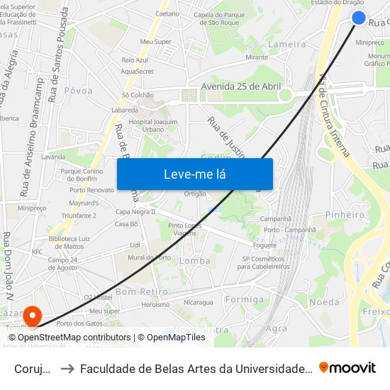 Corujeira to Faculdade de Belas Artes da Universidade do Porto map